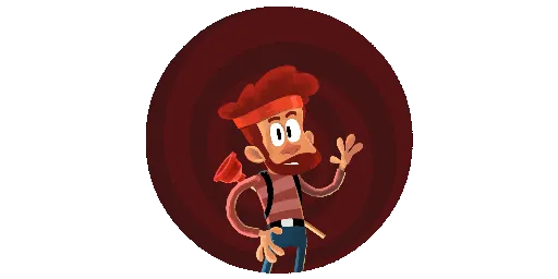Boo!: Cartoon character with a red hat and plunger, standing in a dark red circular background.