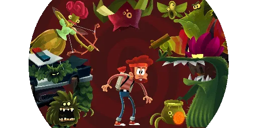 Boo!: Cartoon character with red hair surrounded by menacing plants and a bow-wielding insect.