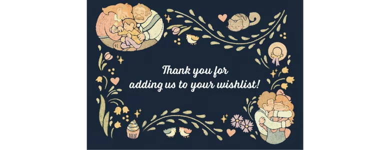 Wishlist Thanks Screen – Book Nook Book Nook: “Thank you for adding us to your wishlist!” with floral doodle border.