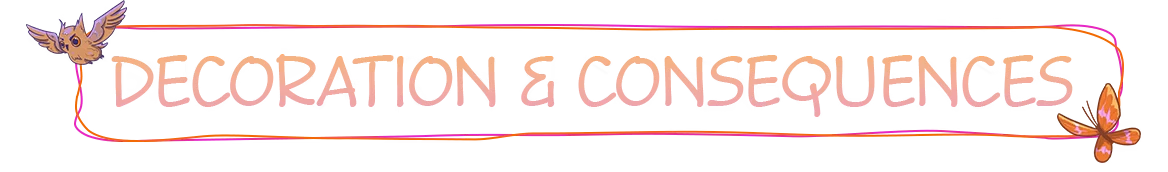 Bookbinding: "Decoration & Consequences" text with ornate wings and butterfly accents.