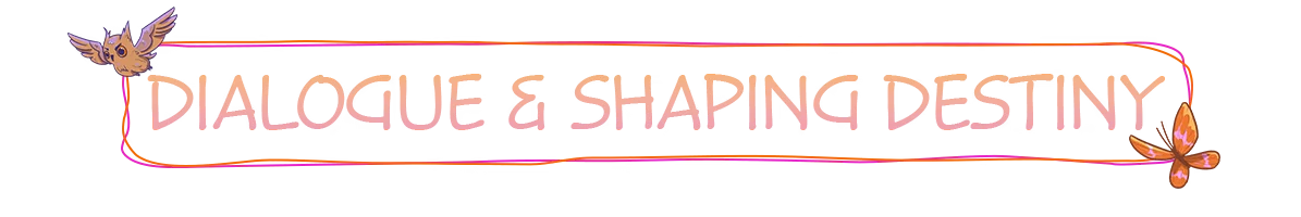 Bookbinding: "DIALOGUE & SHAPING DESTINY" text with ornate orange border and winged icons.