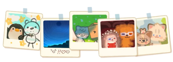 Box Bakery: Five Polaroids with cute animals, stars, and doodles, taped in a playful arrangement.