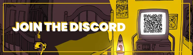 Discord Qr Screen – BOXROOM BOXROOM: Bold white “JOIN THE DISCORD” text over bedroom scene with QR code screen.