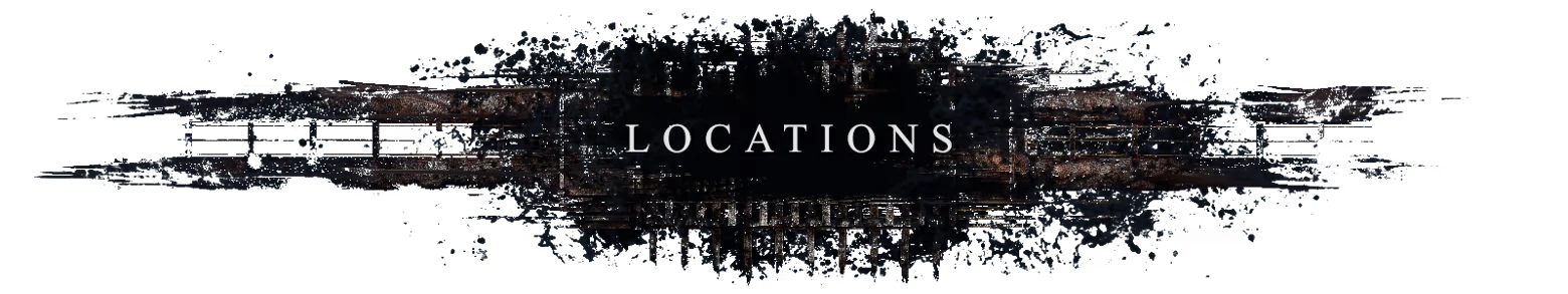 Locations Titlecard – BRAMBLEFORT BRAMBLEFORT: White serif text “LOCATIONS” on a dark, grungy horizontal banner.