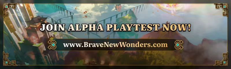 Brave New Wonders: "Join Alpha Playtest Now!" text over a fantasy landscape with ornate borders.