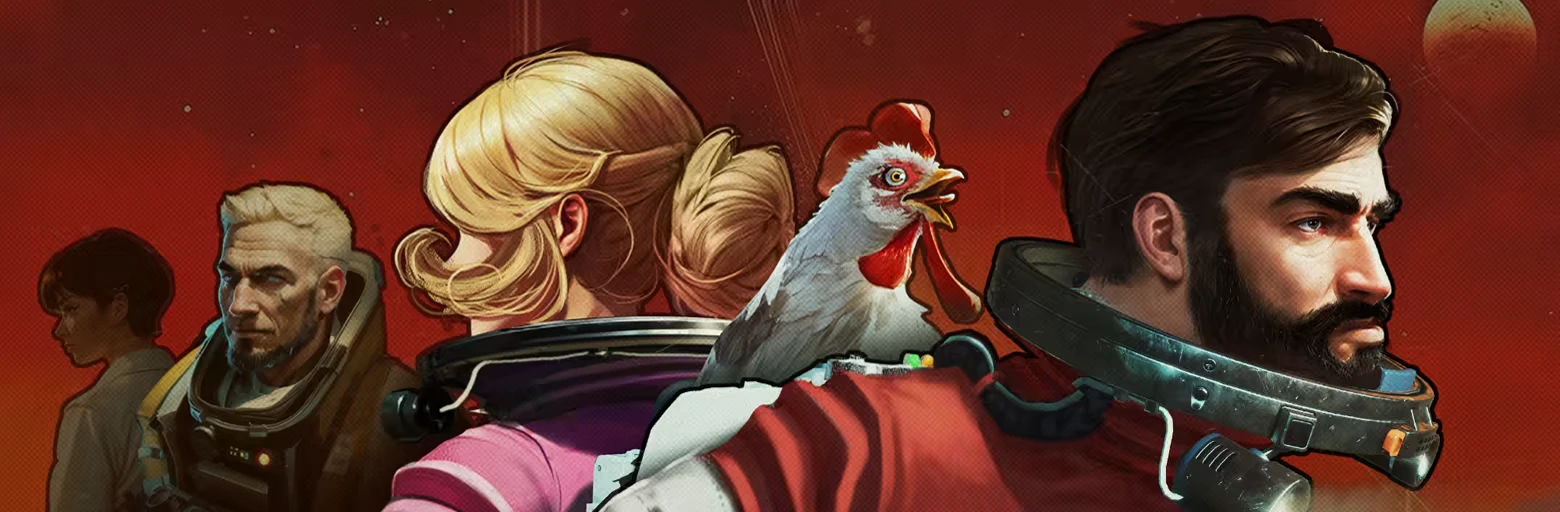 Breathedge 2: Characters in space suits with a chicken against a red cosmic background.
