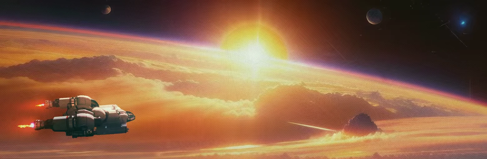 Breathedge 2: Spaceship with fiery thrusters flies over a vibrant planet with a glowing sun.