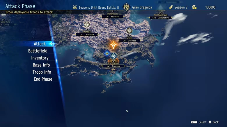 Attack Phase Menu – BRIGANDINE ABYSS BRIGANDINE ABYSS: Attack Phase world map with left menu and base markers on islands.