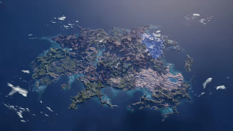Continent Map – BRIGANDINE ABYSS BRIGANDINE ABYSS: Aerial view of a large island continent surrounded by blue ocean and clouds.