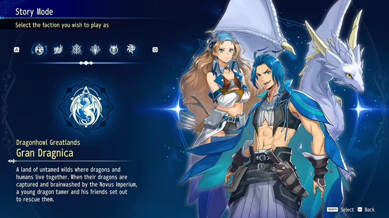 Faction Selection Screen – BRIGANDINE ABYSS BRIGANDINE ABYSS: Story Mode faction select screen with two characters and white dragon art.