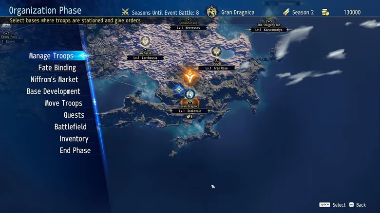 Organization Phase Menu – BRIGANDINE ABYSS BRIGANDINE ABYSS: Organization Phase menu over world map with bases and Season 2 bar.