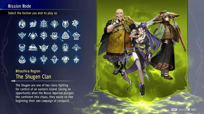 Shugen Clan Profile – BRIGANDINE ABYSS BRIGANDINE ABYSS: Mission Mode faction select screen with Shugen Clan and three characters.