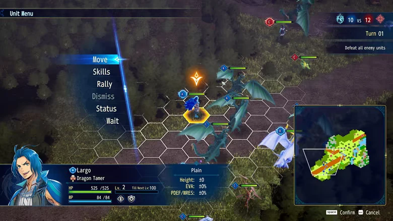 Unit Command Menu – BRIGANDINE ABYSS BRIGANDINE ABYSS: Unit Menu over hex map with dragons, Turn 01 objective text, minimap.