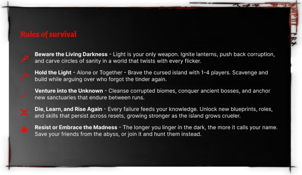 Survival Rules Screen – Brightfall Brightfall: Rules of survival text panel with five bullet points and red icons on black.