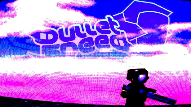 Robot Sunset – Bullet Speed Bullet Speed: Silhouette of a robot with a gun, bold purple text on a vibrant pink and blue sky.