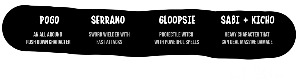 Character Roster – Bungo Bash Bungo Bash: Character list text: Pogo, Serrano, Gloopsie, Sabi + Kicho, “AND MORE…”.