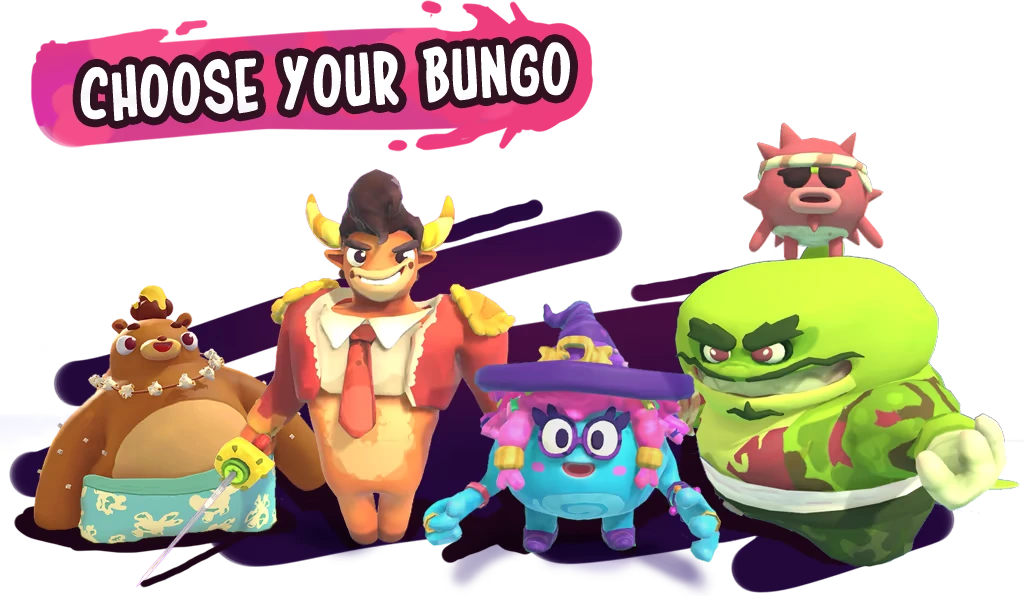 Choose Your Bungo – Bungo Bash Bungo Bash: “CHOOSE YOUR BUNGO” banner above five colorful cartoon characters.