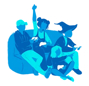 Bunraku: Blue-toned illustration of three people on a couch, one raising a fist.