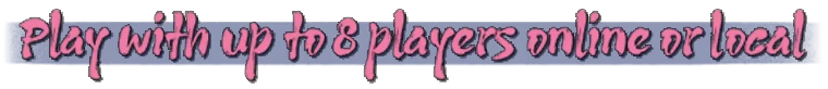 Bunraku: Pink handwritten text reads “Play with up to 8 players online or local”.