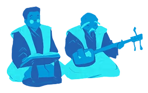 Bunraku: Two blue-toned robed figures, one holding a book, one aiming a pistol.