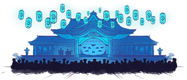 Bunraku: Blue theater stage with lanterns overhead and crowd silhouettes in front.