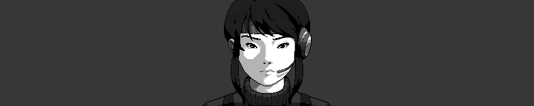 Burn-9: Pixel-art close-up of a woman wearing a headset microphone on gray background.