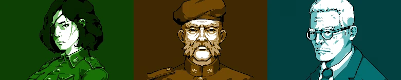 Burn-9: Three pixel-art portraits: woman in green uniform, beret soldier, man in glasses.