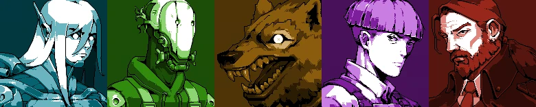 Burn-9: Pixel portraits of elf, masked soldier, snarling wolf, purple-haired youth, bearded man.