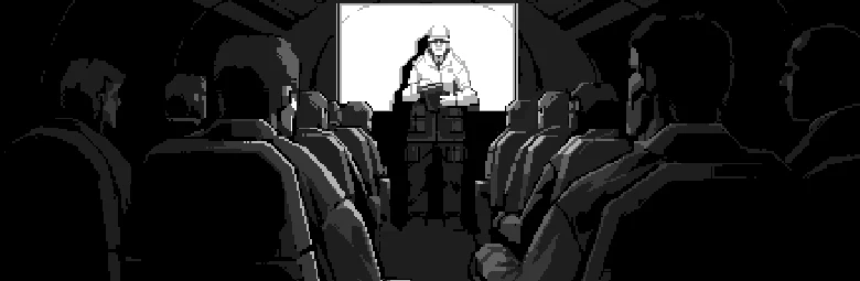 Burn-9: Pixel-art briefing room with seated soldiers facing a standing officer at screen.