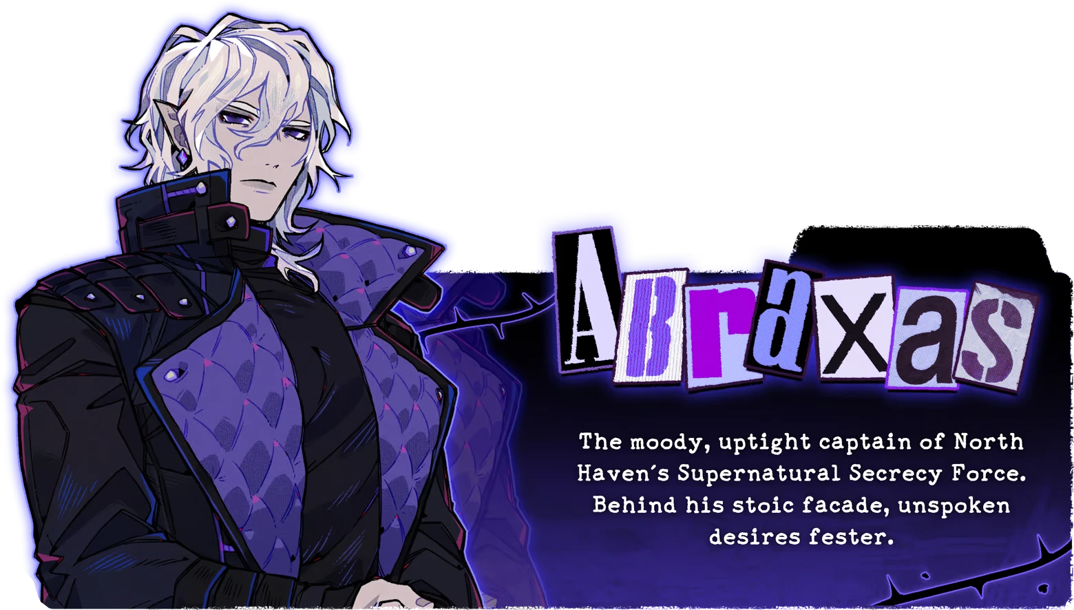 Burn the Midnight Oil: White-haired man; “Abraxas” collage text and bio blurb.