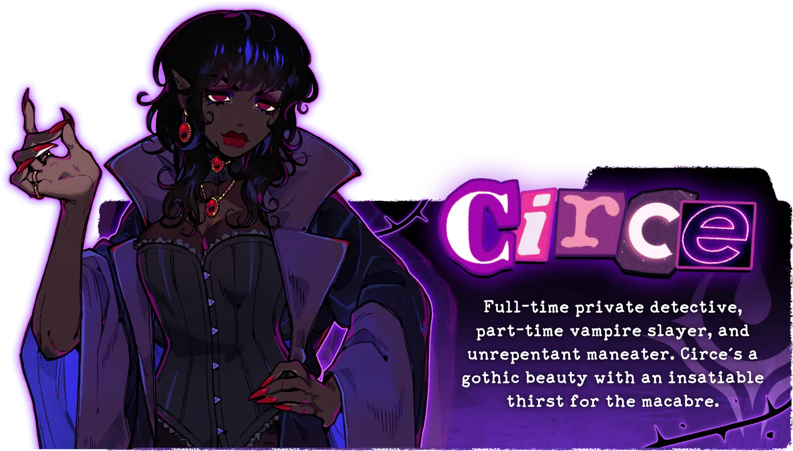 Burn the Midnight Oil: Circe character art with purple nameplate and bio text block.