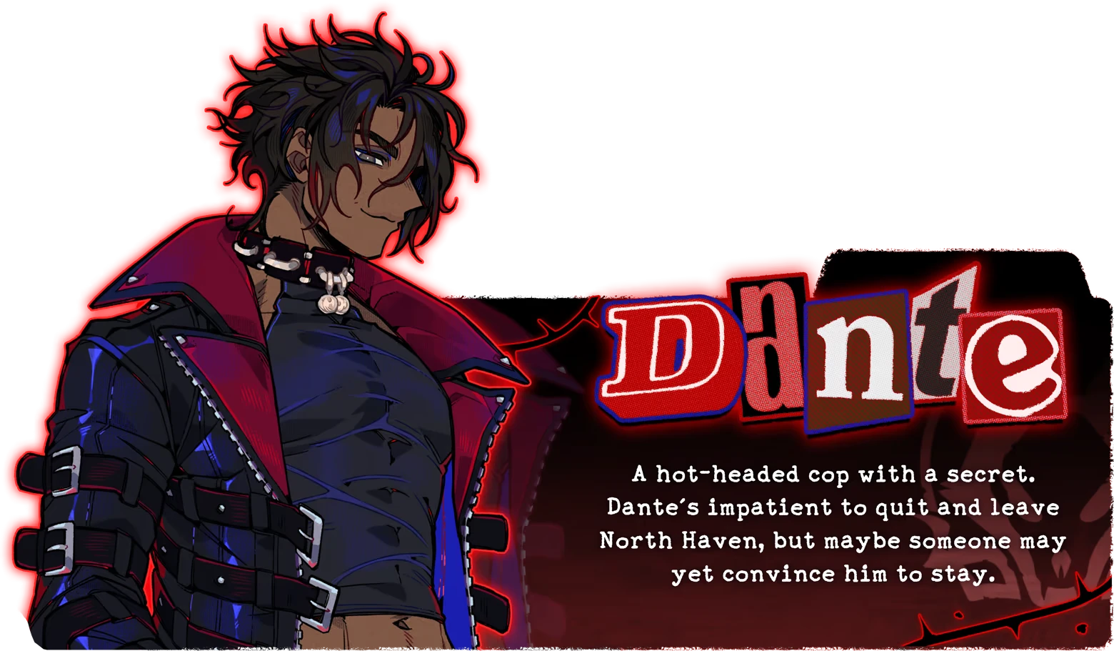 Burn the Midnight Oil: Dante portrait with red outline and bio text on black background.