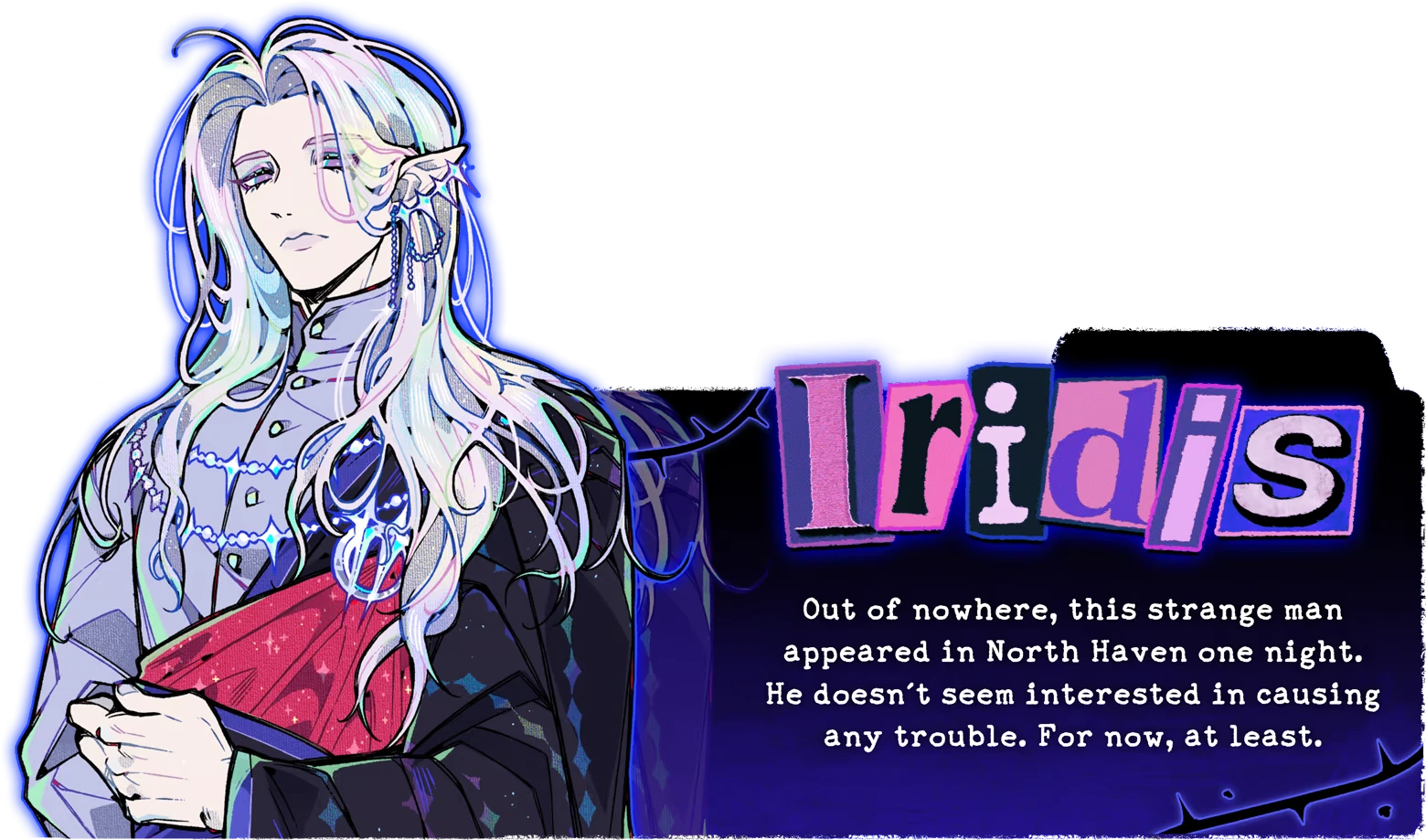 Burn the Midnight Oil: White-haired man holding red book; “Iridis” text and caption box.