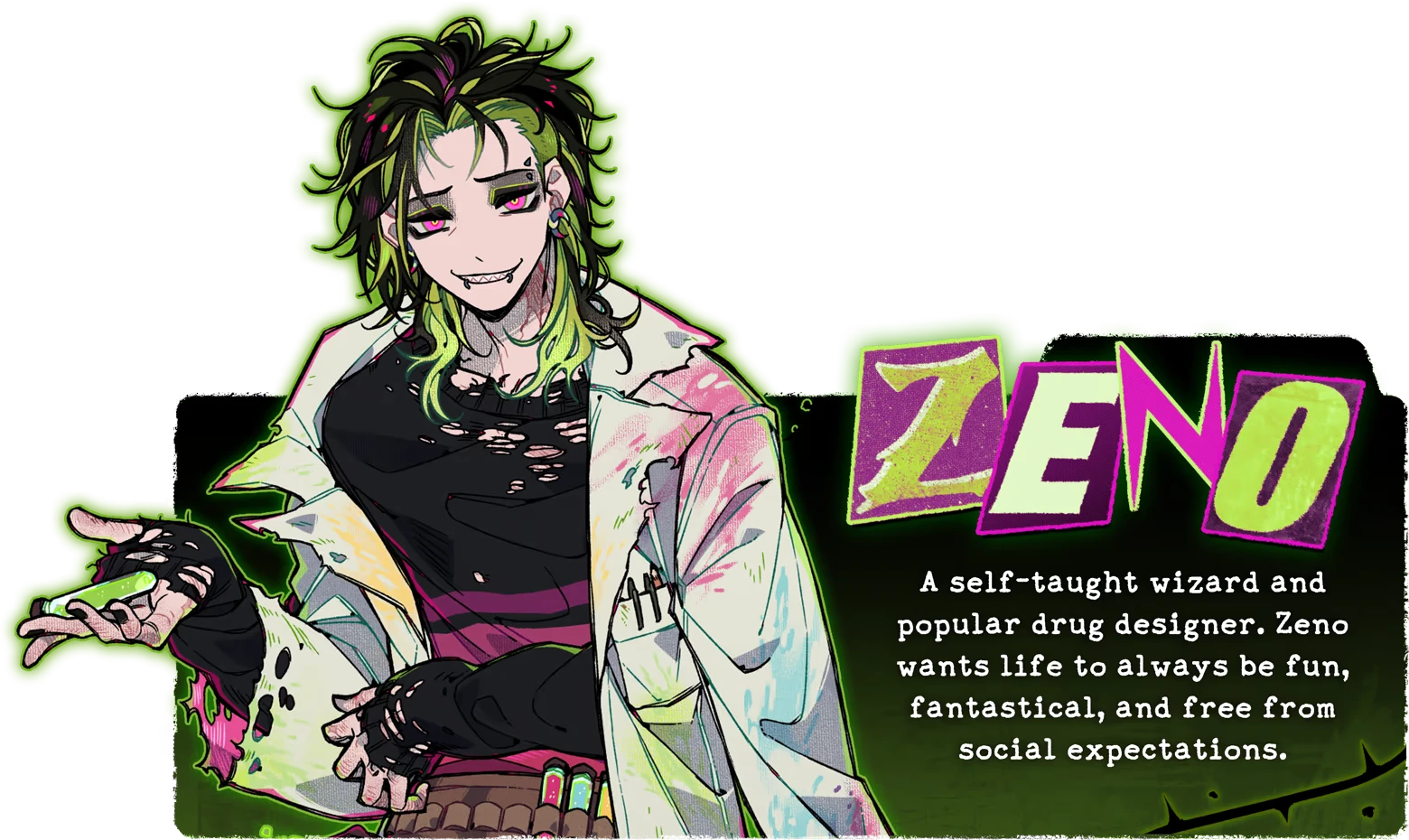 Burn the Midnight Oil: Zeno character art with neon name and white bio text on black.