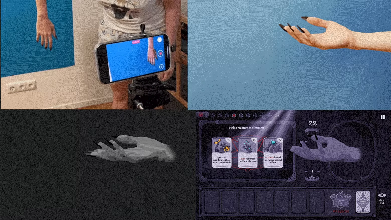 Burn With Me: Four-panel image showing hands, a phone setup, and a card selection UI screen.