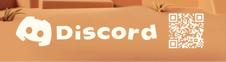 BUS: Discord logo and QR code on a sandy background with small plants.