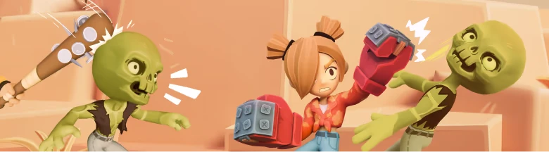 BUS: A character with red gloves punches a zombie, while another zombie wields a spiked bat.