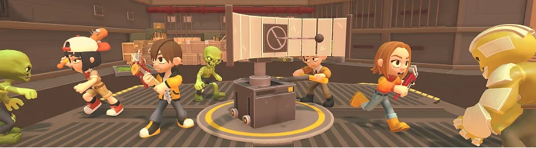 BUS: Cartoon characters fend off green zombies in a warehouse with a satellite dish.