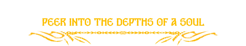 Soul Depths Text – Bylina Bylina: Yellow pixel text “PEER INTO THE DEPTHS OF A SOUL” with ornaments on black.