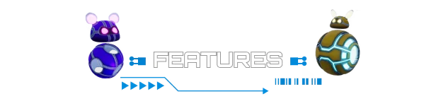 Bytebond: Two robotic characters flank the word "FEATURES" in bold, futuristic font.