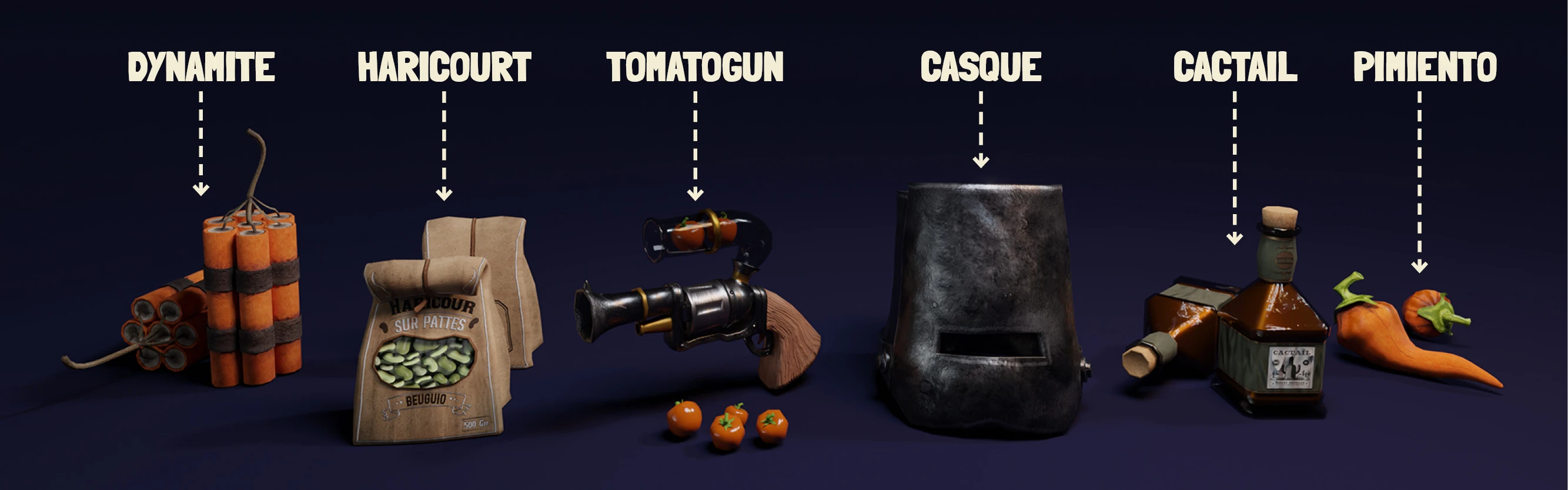 CactusBandido: Six items labeled Dynamite, Haricourt, Tomatogun, Casque, Cactail, Pimiento.