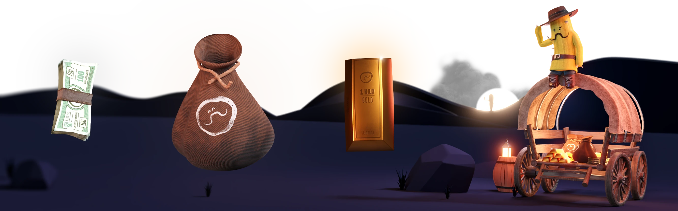 CactusBandido: Cactus bandit on wagon with gold, money, and sack under sunset in desert scene.