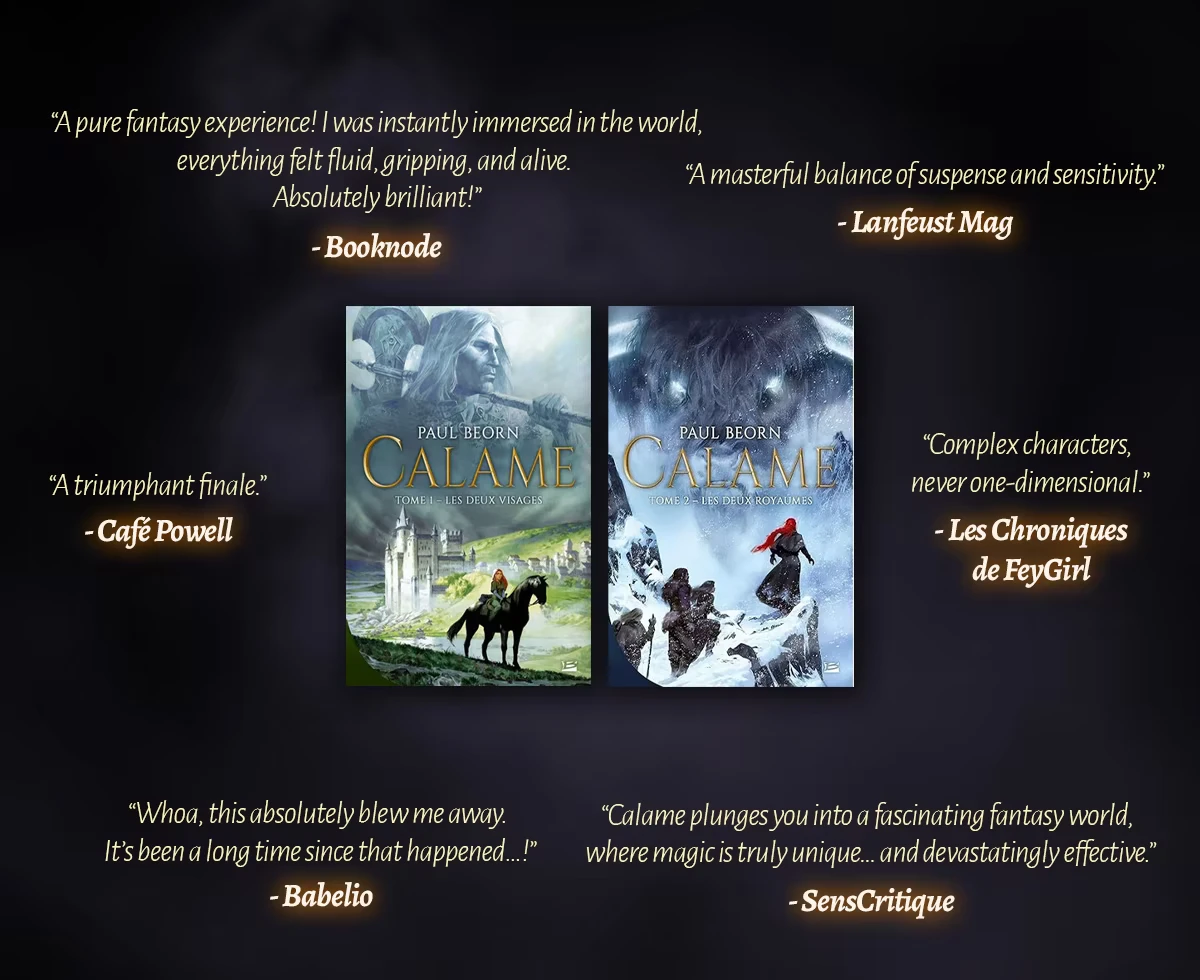 Book Quotes – Calame Calame: Review quotes around two Calame book covers, with gold italic serif text.