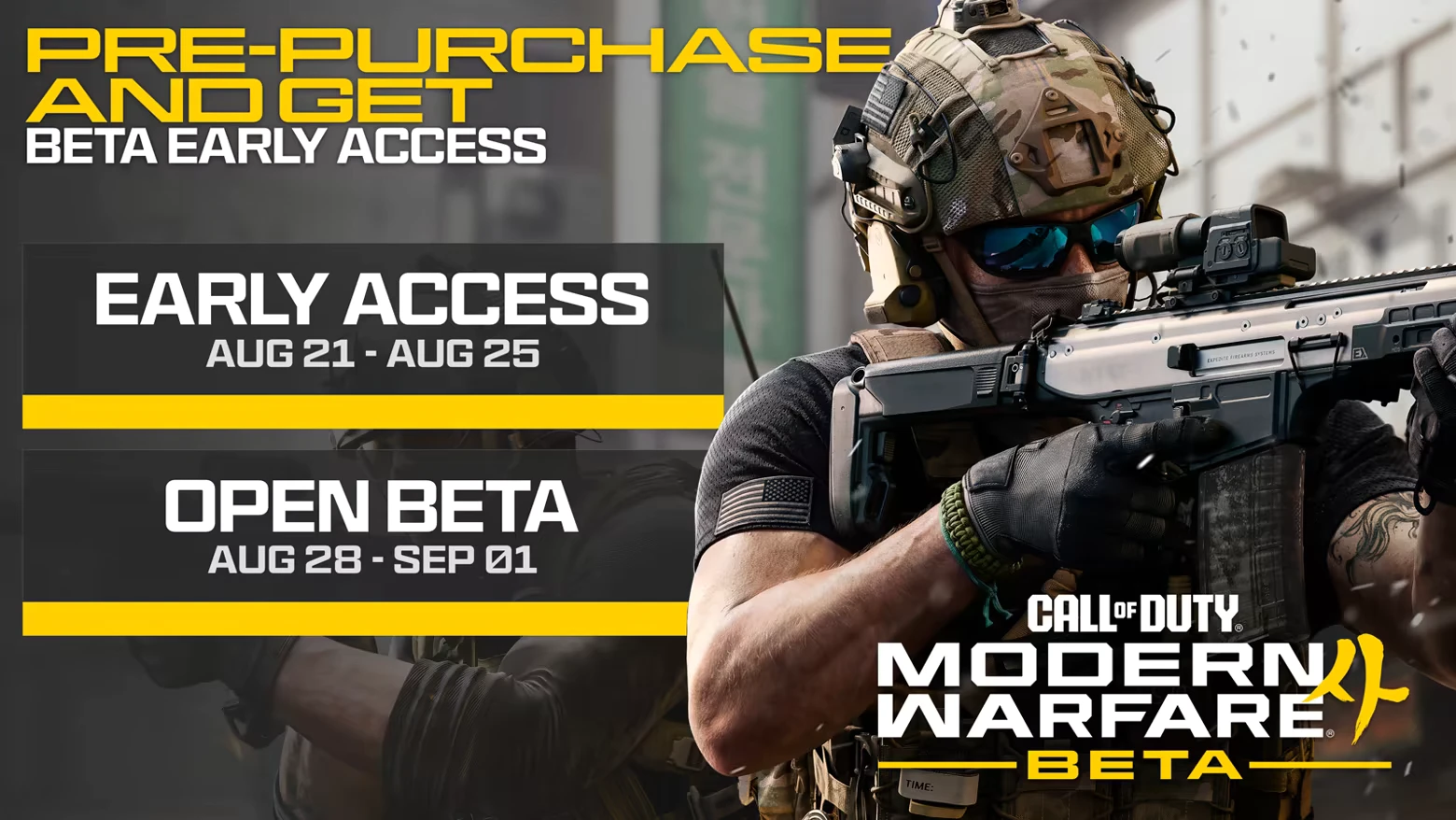 Call of Duty®: Soldier aiming rifle beside text listing Early Access and Open Beta dates.