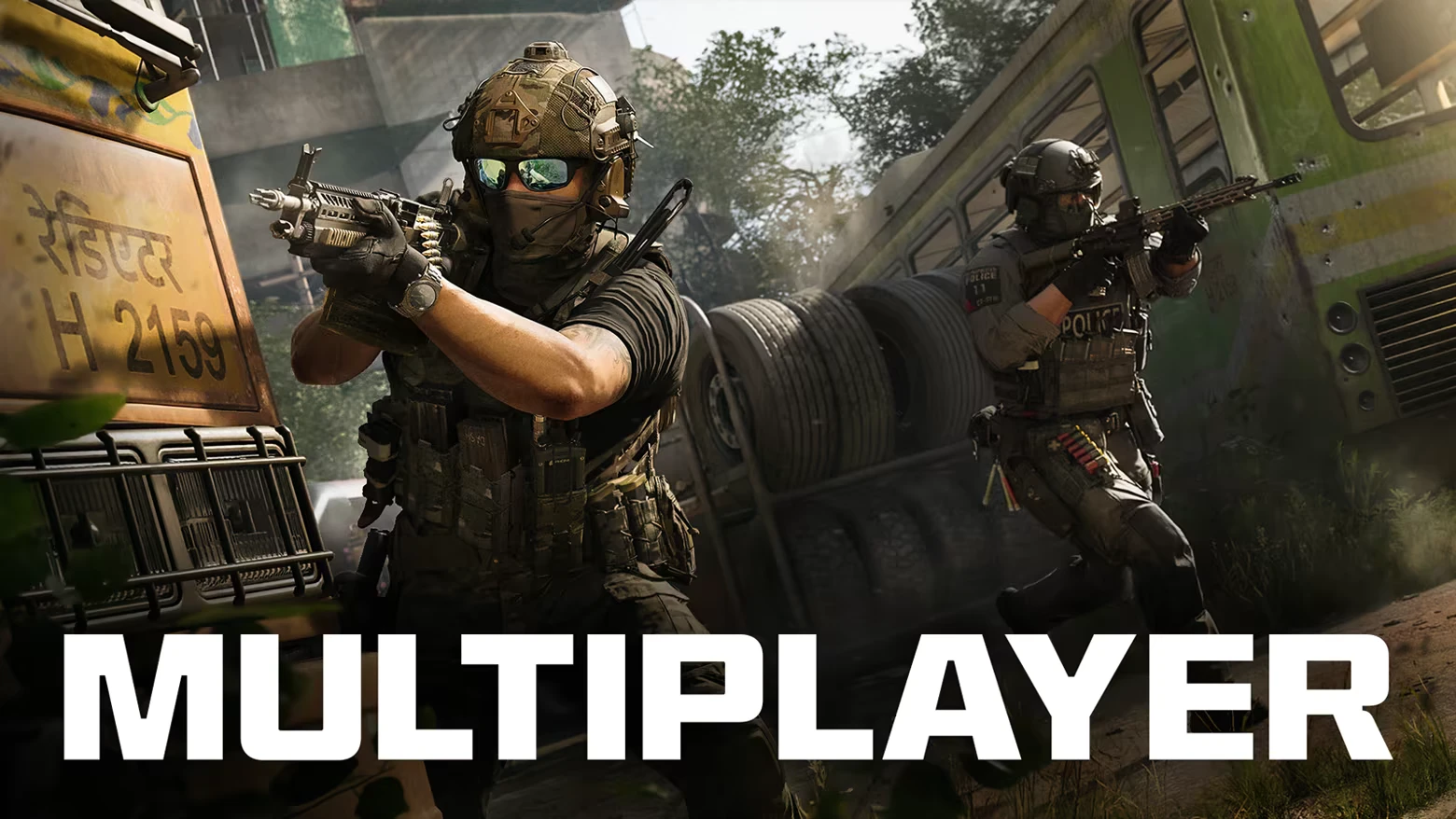 Call of Duty®: Two armed soldiers by buses; bold white MULTIPLAYER text at bottom.