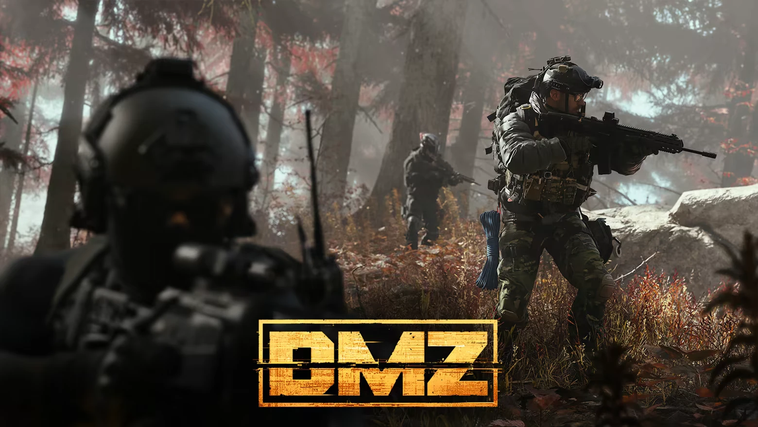 Call of Duty®: Soldier aiming rifle in forest; large yellow “DMZ” logo at bottom.