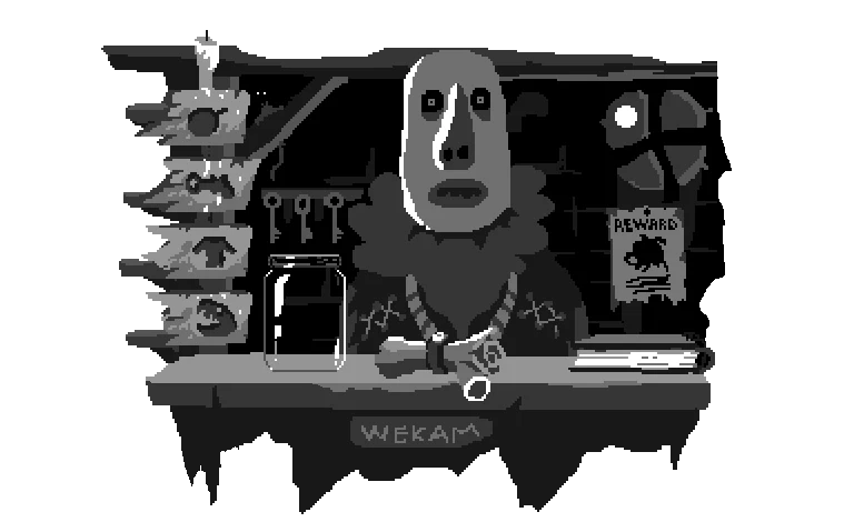 Cannonpistol: Grayscale shopkeeper at counter with jar, gun, and “REWARD” poster.