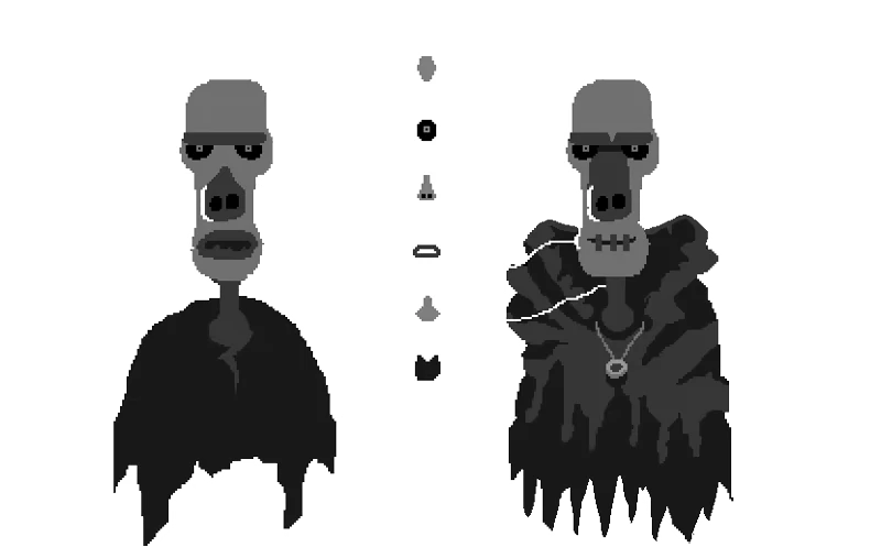 Cannonpistol: Two gray skull-faced figures flank a vertical row of circular icons on black.