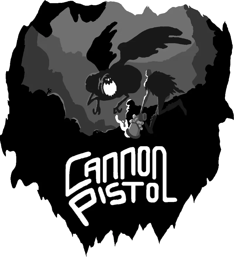 Cannonpistol: White “Cannonpistol” logo under dark winged monster silhouette on gray sky.