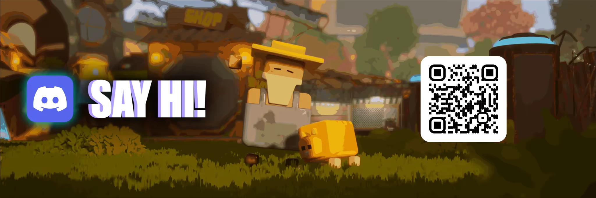 Can't Stop Rory: Blocky farmer and animal on grass, "SAY HI!" text, Discord logo, QR code.